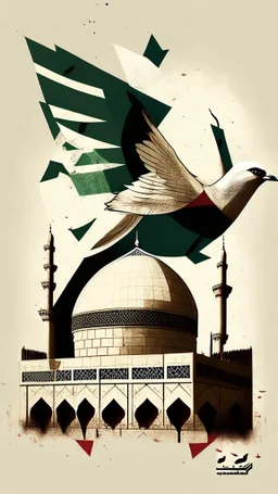 A design for Al-Aqsa Mosque, with a dove around it that expresses freedom, and the Palestinian flag flutters, covering Al-Aqsa Mosque.