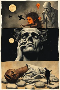 subconscious predictive demoralization, surreal, metaphoric, minimal, fragmented illustrated collage, 3 stages of grief, by Dave McKean and Esau Andrews