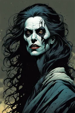 create a terrifying, ethereal, otherworldly gaunt and withered ancient female Bruxa vampire , in the comic book art style of Mike Mignola, Bill Sienkiewicz, John Romita Jr., Leonardo Romero, Simone D'ARMINI, and Jean Giraud Moebius, with highly detailed and sharply defined feminine facial features , finely penciled and inked , dramatic natural lighting