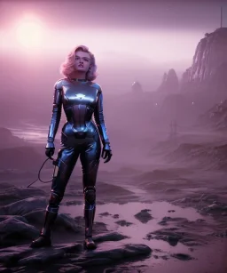 Ultra Realistic retro sci-fi scene, portrait, 2 blonde woman clones, sweet young Marilyn Monroe face, perfect iris, tight latex coat, helmet, Strange planet background. Spaceship, fog, rain, soft color, highly detailed, unreal engine 5, ray tracing, RTX, lumen lighting, ultra detail, volumetric lighting, 3d, finely drawn, high definition, high resolution.