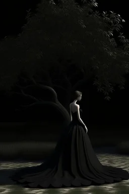 Wednesday in a low-cut black gown standing under a black tree, photorealistic, delicate detail.