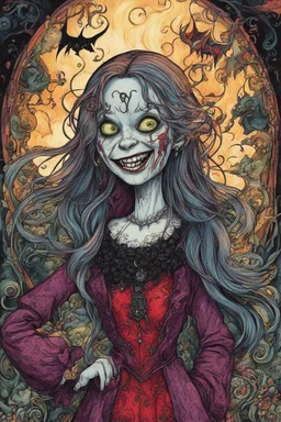 a cartoon illustration of a schizophrenic goth vampire girl , in the cartoon style of Lynda Barry , Ernie Pook's Comeek, vibrant natural colors, , museum quality masterpiece