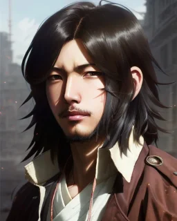 Detailed sad male anime boy with long brown hair, intricate details, full body portrait, keep head in frame, slight, black Japanese motif, concept art, highly detailed, digital painting, concept art, sharp focus, illustration, art by Yoji Shinkawa, WLOP and greg rutkowski and alphonse mucha and artgerm and yanjun Chen and Junji ito and Makoto Shinkai, HDR, octane render