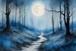 Happy blue forest moonscape in art brut style by Stewart Edmondson, Thomas Wells Schaller and Nita Engle, meticulously entangled, intricatel landscape