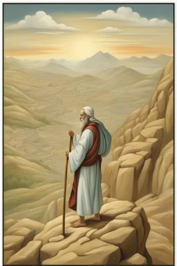 Moses stands on a mountain and holds a crooked wooden staff, at his feet are stone tablets on which the ten commandments of God are written, and below is a valley with the cities of Palestine where milk and honey flow. sand, palm and mountains. There is a silhouette of God in the sky. Everything is painted in oil painting with high-quality drawing of details