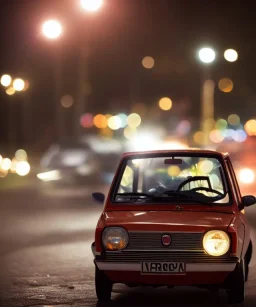 fiat 126p, city. high speed. bokeh. lens flare. warm lights. high detailed