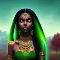 fantasy setting, woman, peau sombre, indienne, cheveux noirs avec une mèche verte