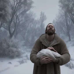 tired man sleeping in the arms of jesus christ , in snow, portrait, student costume, village, meditation, woods, cyberpunk, 8k quality