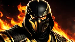portrait of Scorpion from Mortal Kombat, 4k resolution, anime line art, with clear lines, no shadows, on a fire background suitable for Scorpion, fully colored with stunning colors