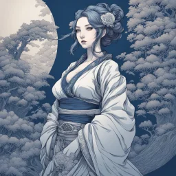 beautiful cyberpunk huge girl, hyperdetailed, illustration by Katsushika Hokusai, darkblue tones,