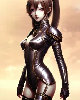 Detailed cute anime Kunoichi girl, brown hair, black latex bodysuit, intricate details, full body portrait, keep head in frame, slight smile, black Japanese motif, concept art, highly detailed, digital painting, concept art, sharp focus, illustration, art by Yoji Shinkawa, WLOP and greg rutkowski and alphonse mucha and artgerm and yanjun Chen and Junji ito and Makoto Shinkai, HDR, octane render.