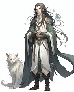 a young High Elf frost Wizard with long wiry hair, wearing a black trimmed white nobleman's robe and frost ornaments on clothes, with a small weasel on his shoulder