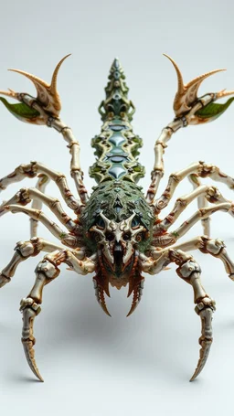 A dynamic front view showcasing the fusion of organic and bones elements, depicting a fully gry bones-scorpion . Its intricate mechanisms are driven by interlocking blade and complex mechanical blade embedded throughout its glass frame. mist-grass eating leaf