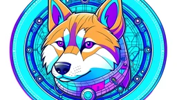 draw a round logo of a cute cartoon purple Shiba inu dog with cybernetic modifications, with a blue glowing button on his forehead and cables running from the button to his ears and muzzle. A light blue circuit board fills the cheek background.
