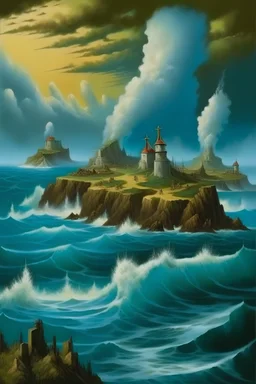 A town in an island in the sea, the waves are big, painted by Bob Ross