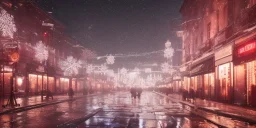 big city in christmas night, snow flakes, many three, Christmas decoration, Christmas light, high contrast, best quality, 8k, hight detailed, 3d, render, lumion, shooting star