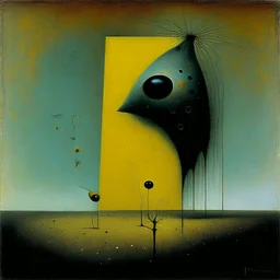 Style by Pawel Kuczynski and Joan Miro and Graham Sutherland and Santiago Caruso, surreal abstract art, nightmare residues of dark shine, abstract shy unnatural paradox weirdlings, depth of field, unsettling, asymmetric abstractions, expansive, surreal masterpiece, juxtaposition of the uncanny and banal, diagonal composition, sharp focus, smooth, never seen before