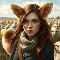 an arrogant, confident young woman with long brown hair, red eyes, pale skin, corgi ears, a corgi tail, reminiscent of a herding dog, Greg Rutkowski, sheep in a field for the background, intricately detailed, high definition,