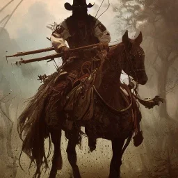 Insanely detailed photograph of an “ a mustachioed cowboy warrior ” with worn Sombrero, handsome charo,cigar,crossbow in hand, hyperdetailed painting by Ismail Inceoglu Huang Guangjian and Dan Witz CGSociety ZBrush Central fantasy art album cover art,8K, hdr, mysterious, flickeringlights ,Stoic