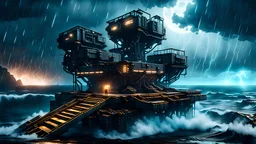 kolto mining platforms above the ocean, nighttime scene storms, cyberpunk style