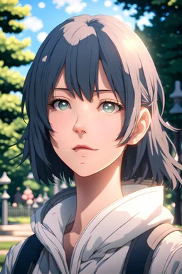 The beautiful and perfect portrait in the Spruce Street, anime female character is in the park of the town, 8K resolution, high quality, ultra graphics, and detailed with lines.