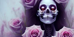 dead girl buried in flowers, beautiful, eyes closed, exposed skeleton