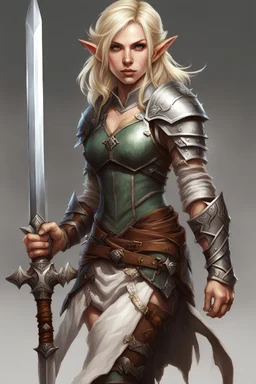 Female elf warrior, long sword, leather armor, blond, high res, pathfinder, dungeons dragons