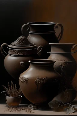 realistic monochromatic paintings of pots, brown colors, Brushstroke driven style of Impressionism with realistic subject matter