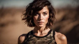 beautiful caucasian female technician, black tank top, well toned muscles, scratched sand camo metal details, short brunette wavy bob haircut, dystopian, desert scene