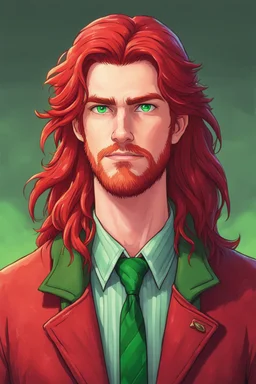 man, long red hair, long red jacket with green tie, green eyes, stardew valley style