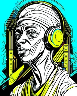 Illustrative sketch of Pharaoh Akhenaten in music with headphones, contrasting colors, ultra quality, hyper detailed, graffiti, concept art, maximalism, 8k