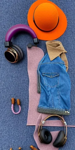 Everything she wear is in the image. she has plum-blue-magenta-camouflage mantel and simple orange felt bolero.Felt cloth visor with tippet. SMALL FELT CAP is merged to Old AKG headphones with recognizable Golden rings! cloth materials are denim and felt cloth mixed. Fashion 2023. Colors: Cream white, zinc plate, red ochre, ochre, orange - all mixed. Thick tights. Thick calves. She is in figure from top to toe.