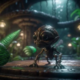 a lecture on blackboard of alien gremlin anatomy in dark lit reflective wet jungle metallic hall dome hotel tunnel, in the style of a fallout 4,bokeh like f/0.8, tilt-shift lens 8k, high detail, smooth render, down-light, unreal engine, prize winning