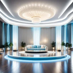 beautiful dance stage in luxury modern hall dynamic lights, modern furniture light blue & cream theme