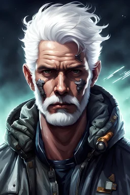 High Quality Science Fiction Character Portrait of a Man with White Hair on his face in a Bomber Jacket.