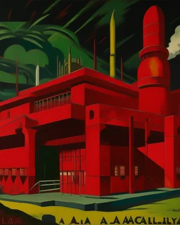 A dark red facility with missiles painted by Paul Gauguin