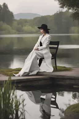 [modern] A woman in tuxedo around a pond