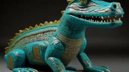 A cyan water elemental crocodile designed in Kuna molas painted by Francis Danby