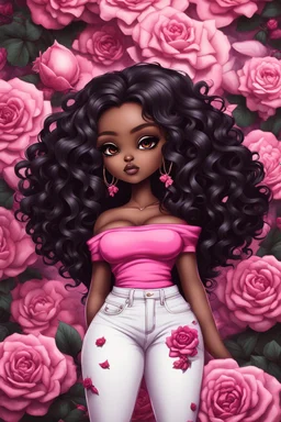 Create an futurism art image of a chibi thick curvy black female wearing tight white jeans and rose pink off the shoulder sweater.. Prominent make up with brown eyes. Highly detailed wild long curly black hair flowing in her face. Background of rose pink and black DAHLIA flowers all around.