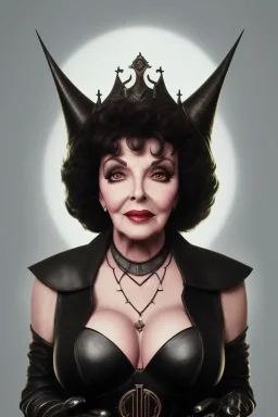 Joan Collins as evil queen in black leather, leather, busty, cleavage, angry, stern look. character design by cory loftis, fenghua zhong, ryohei hase, ismail inceoglu and ruan jia. unreal engine 5, artistic lighting, highly detailed, photorealistic, fantasy