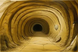 A beige underground tunnel with moles painted by Salvador Dali