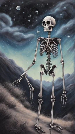 A pastel painting of a skeleton on a hilllookin into the night sky. A nebular in the sky. Painting. Pastel colours. Masterpiece.