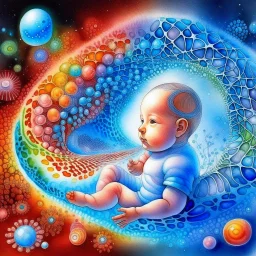 Quantum Serenity: A watercolor depiction of the conception of a baby, illustrating the interplay of microscopic quantum particles and DNA at the molecular level, embodying calmness in action.”