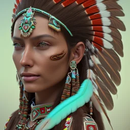 New Mexico pueblo Indian female, pueblo indian, 12k, ultra high definition, finely tuned detail, unreal engine 5, octane render, ultra realistic face, realistic headress, detailed make-up, green chile, zia, detailed turquoise jewelry, detailed hair, detailed feathers, red chile background