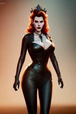 Hannah Waddingham as evil queen in black leather, busty, cleavage, voluptous, rebecca Welton, angry, stern look. character design by cory loftis, fenghua zhong, ryohei hase, ismail inceoglu and ruan jia. unreal engine 5, artistic lighting, highly detailed, photorealistic, fantasy