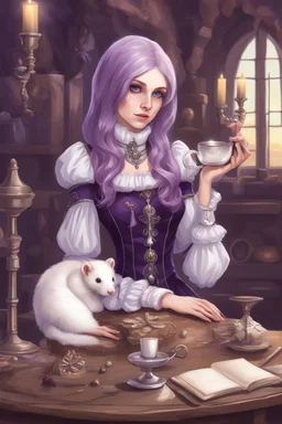 (anthropomorphic white ferret girl),dressed in ((cleric fantasy)) black and purple clothes with silver holy ornaments, realistic anatomy, fantasy tavern on background, mage and holy symbols around, serious face, hold cup of coffe, tired, pencne