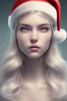 girl, cute, beautiful, long eyelashes, white hair, Santa hat, snowflakes, Christmas dress, closed mouth, head and shoulders portrait, 8k resolution concept art portrait by Greg Rutkowski, Artgerm, WLOP, Alphonse Mucha dynamic lighting hyperdetailed intricately detailed Splash art trending on Artstation triadic colors Unreal Engine 5 volumetric lighting