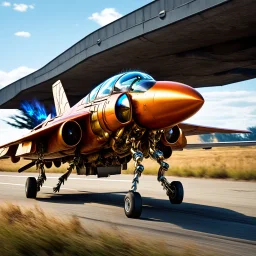 award winning photograph of a steampunk house-fly fighter-jet genetic-splice designed by only one vehicle per image painted metallic orange traveling at a high rate of speed, jet intake off of front center of vehicle and jet exhaust out the rear with bright blue flames painted on the hood and front quarter panels, bilaterally symetrical, more a high speed road vehicle