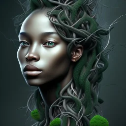 Paper. Pencil sketch art .the face of A young black woman. A wood nymph emerging from the forest. Her hair looks like vines. Dreadlocs. Her skin is the colour of dark soil. Her skin looks like tree bark. Her clothing is made of vines, grass and leaves.