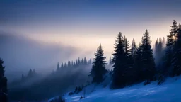 Morning sky,fir forrest scenery, valley,creek,forest,heavy mist,mist shadows,tree, before sunrise,nature,night,snow,fir tree,night,holy night